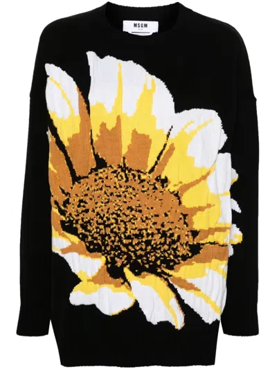 Msgm Floral-intarsia-knit Jumper In Black