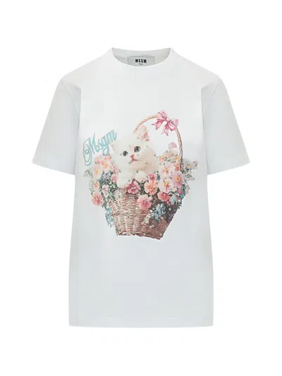 MSGM FLORAL KITTEN GRAPHIC T-SHIRT
