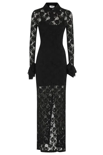 Msgm Floral Lace Ruffle Maxi Dress In Black