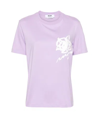 Msgm Floral-logo Print T-shirt In Purple