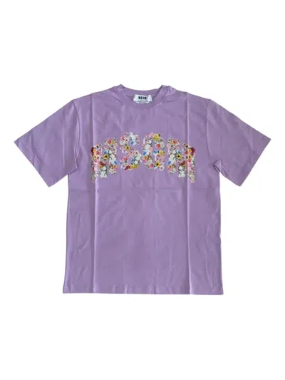 Msgm Floral-logo T-shirt In Purple