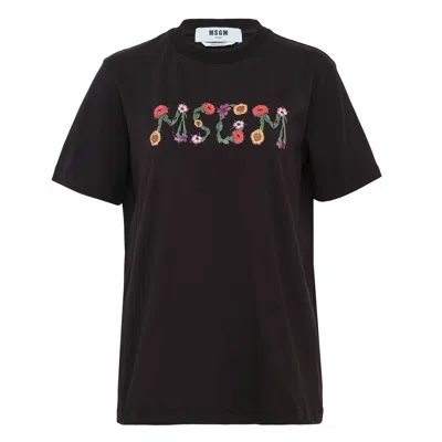 Msgm Floral  Logo Tee In Black