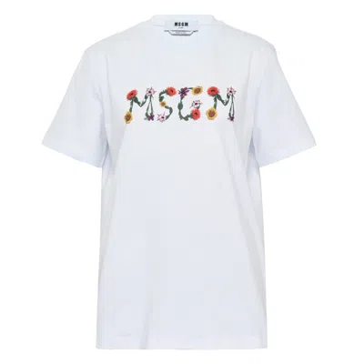 Msgm Floral  Logo Tee In White