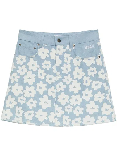 Msgm Floral-print Denim Skirt In Multicolor