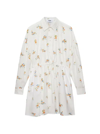 Msgm Cotton Poplin Mini Dress With Micro Floral Print In White