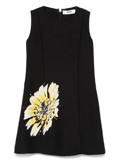 Msgm Kids' Floral-print Dress In Black