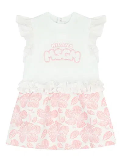 Msgm Kids' Floral-print Dress In White