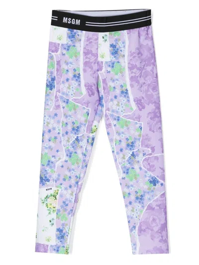 Msgm Kids' Floral-print Logo-waist Leggings In Purple