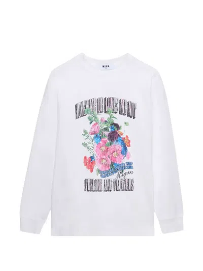 Msgm Floral Print Long Sleeve T-shirt In White