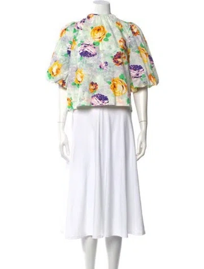Pre-owned Msgm Floral Print Mock Neck Top In White
