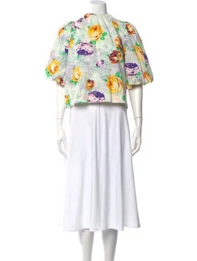 Pre-owned Msgm Floral Print Mock Neck Top In White