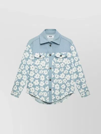 Msgm Floral Print Shirt Chest Pockets In Blue