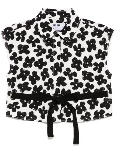 Msgm White Cotton Shirt With Black Floral Print