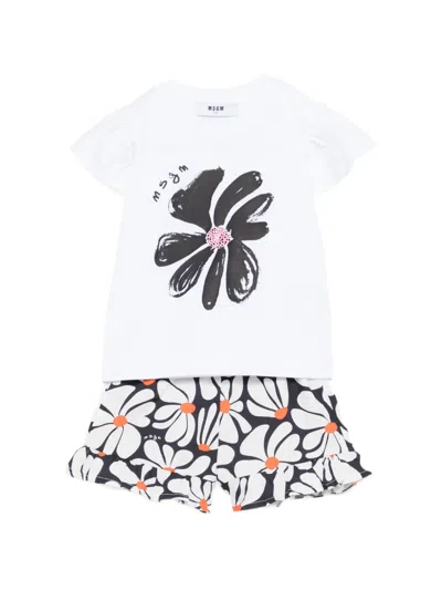 Msgm Babies' Floral-print Short Set In White