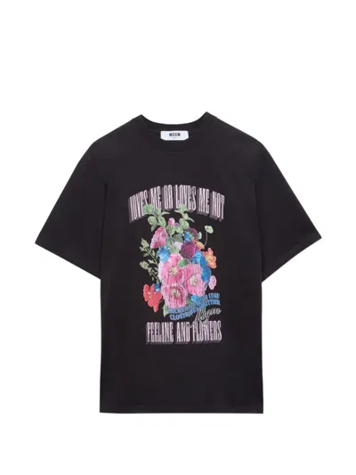 Msgm Floral-print T-shirt In Black