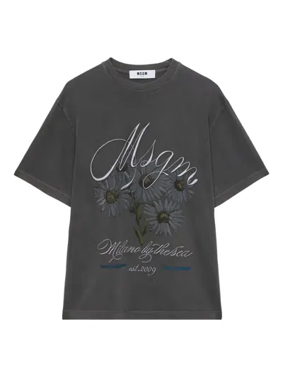 Msgm Floral-print T-shirt In Gray