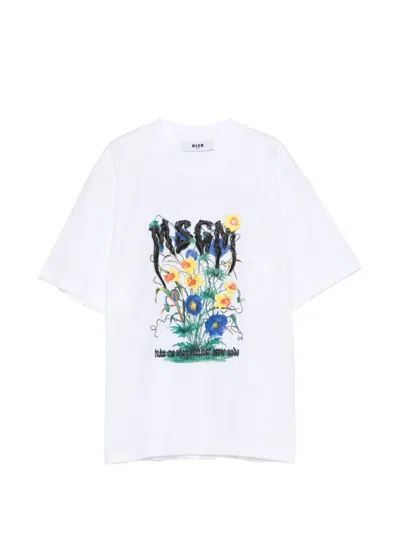 Msgm Kids' Floral-print T-shirt In White