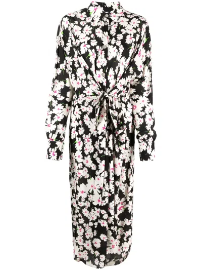 Msgm Floral Long Sleeve Dress With Waist Tie In Animal Print