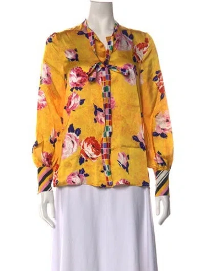 Pre-owned Msgm Floral Print Tie Neck Blouse W/ Tags In Yellow