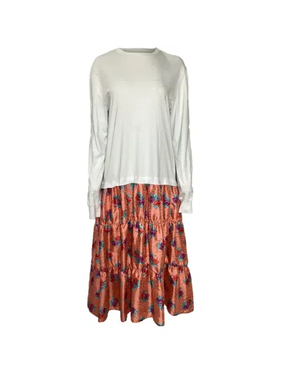 Pre-owned Msgm Floral-print Tiered Long-sleeves Dress In White