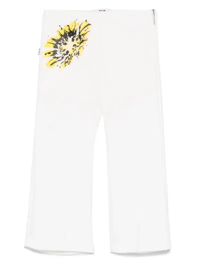 Msgm Kids' Floral-print Trousers In White