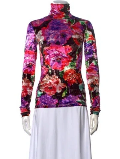 Pre-owned Msgm Floral Print Turtleneck Blouse In Purple