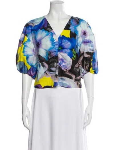 Pre-owned Msgm Floral Print V-neck Top In White