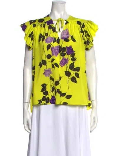 Pre-owned Msgm Floral Print V-neck Top In Yellow