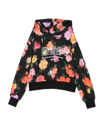 Msgm Floral Printed Hooded Sweater In Black