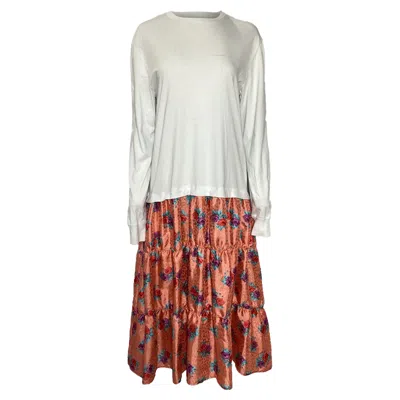 Pre-owned Msgm Floral Printed Long Sleeve Midi Tiered Dress In Multicolor Polyester In White