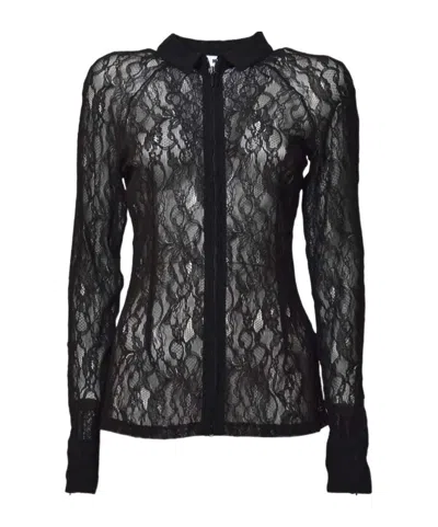 Msgm Floral Stretch Lace Zipped Shirt In Black