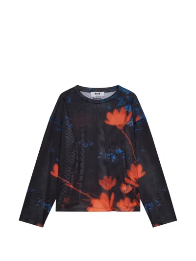 Msgm Floral T-shirt In Black