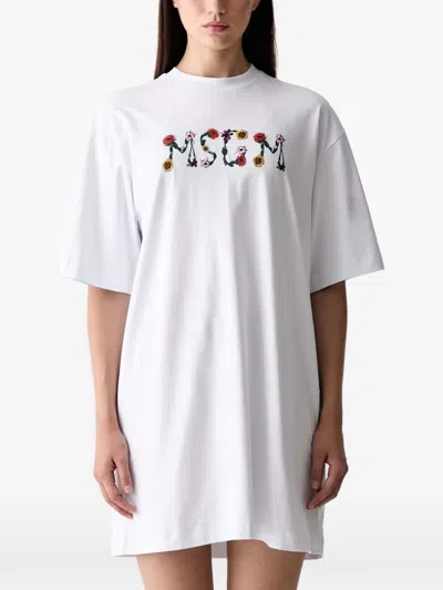 Msgm Cotton Mini T-shirt Dress With Contrast Logo And Dropped Shoulders In White