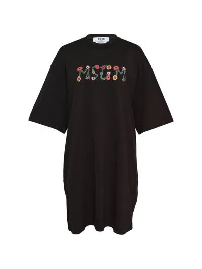 Msgm Floral-embroidered T-shirt Dress In Black