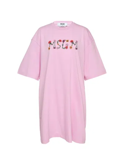 Msgm Floral-logo Mini T-shirt Dress In Pink
