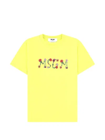 Msgm Floral-logo T-shirt In Yellow