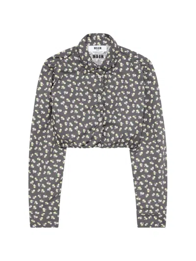 Msgm Floral-print Cropped Shirt In Black