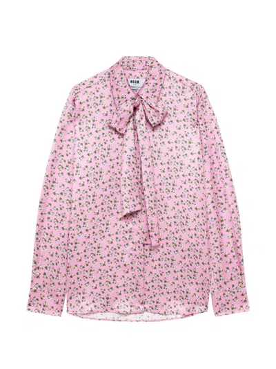 Msgm Floral-print Pussy-bow Shirt In Pink