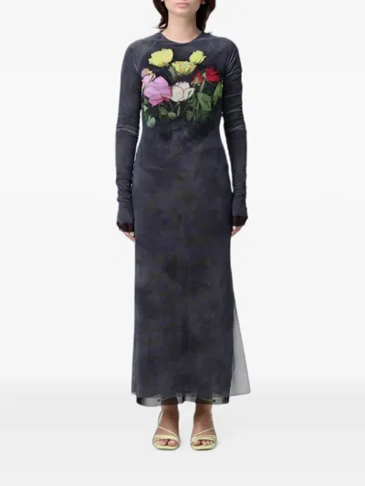 Msgm Floral-print Tulle Maxi Dress In Gray