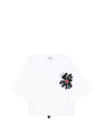 Msgm Flower-detail T-shirt In White