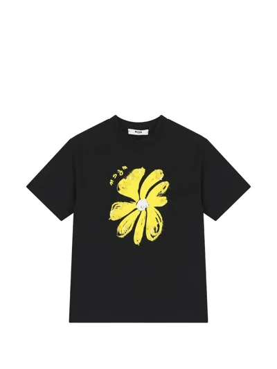 Msgm Kids' Flower-print T-shirt In Black