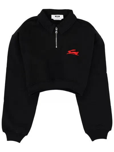 Msgm "follow The Rabbit" Collared Sweatshirt In Black