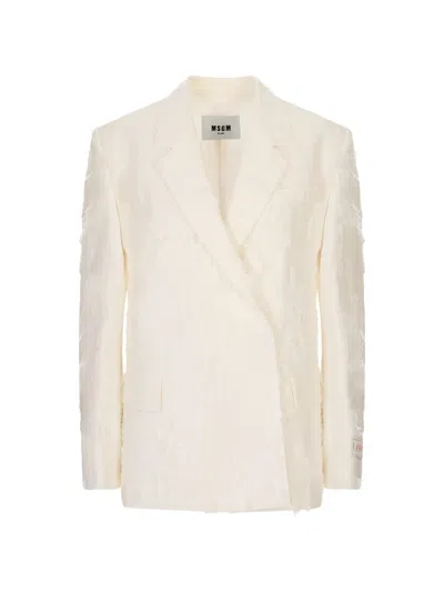 Msgm Frayed Double-breasted Jacket In Neutral