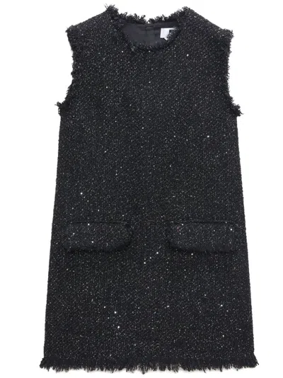 Msgm Frayed-edge Tweed Mini Dress In 黑色