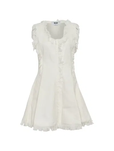 Msgm Frayed-trim Textured Mini Dress In White