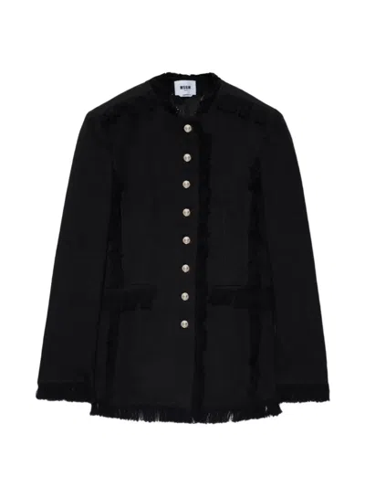 Msgm Fringed Buttoned Jacket In Black