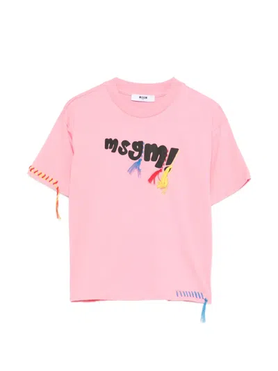 Msgm Kids' Fringed-detail T-shirt In Pink