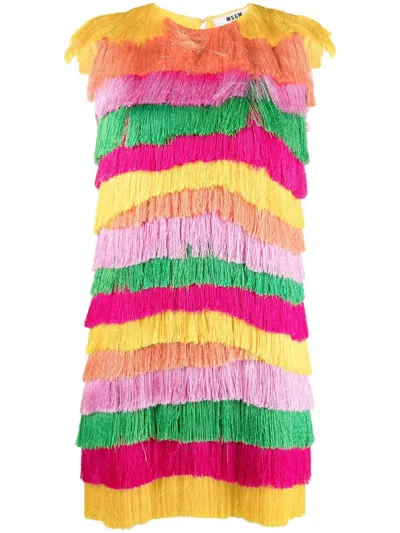 Msgm Fringed Tiered Mini Dress In Yellow