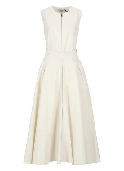 Msgm Front Zipped Midi Sleeveless Dress In White