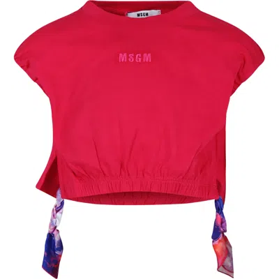 Msgm Kids' Fuchsia Crop T-shirt For Girl With Logo In Red